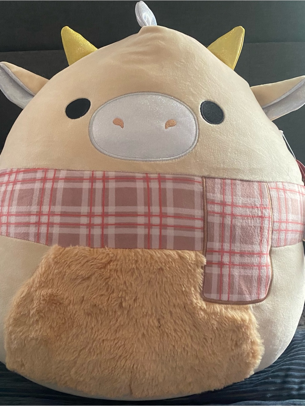 Squishmallows Cute Tan Cow Plush with Pink Plaid Scarf and Gold Horns